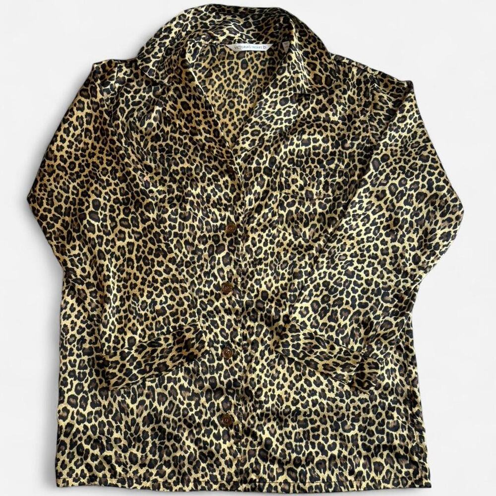 Victoria's Secret Women's Pajama Top S Leopard Print Satin-Like Black Tan